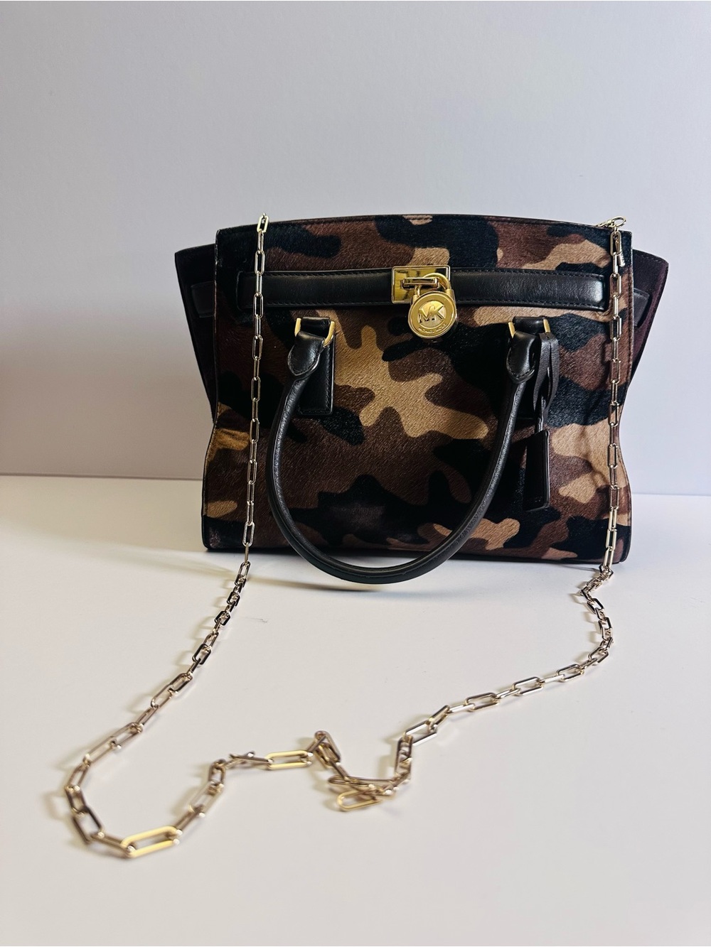 PREOWNED Michael Kors Camo Haircalf Satchel – Wild Luxe with Gold-Tone Glam